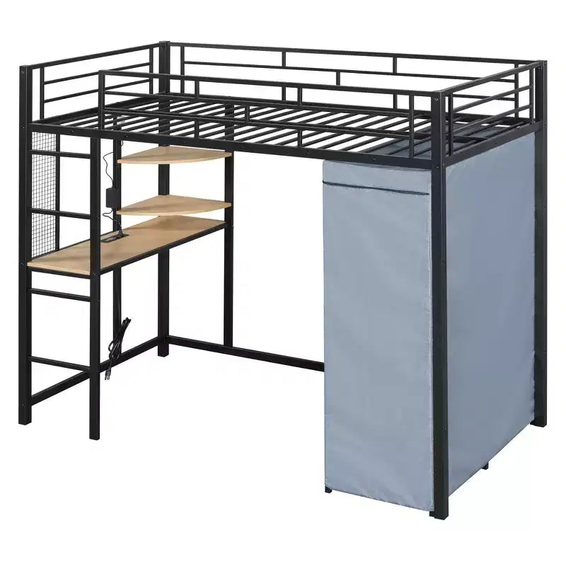 Metal Loft Bed with Built-In Desk, Shelves, Power Outlet, LED Light & Fabric Wardrobe 鈥?Twin/Full