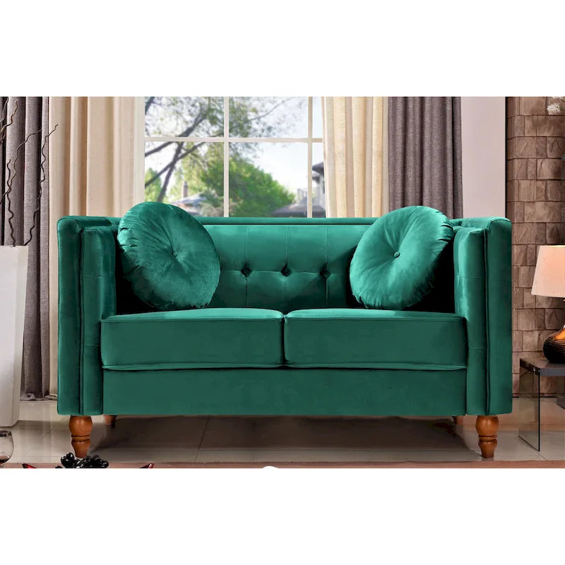 Crushed Velvet Loveseat with Button-Tufted Back and Bolster Pillows