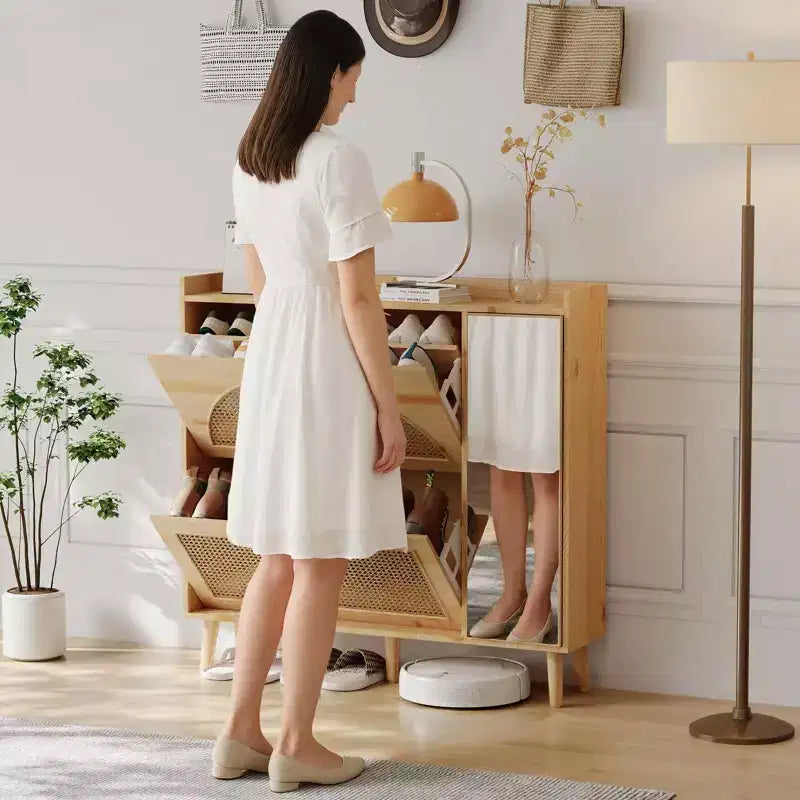 Natural Rattan Shoe Cabinet 2 Flip Drawers with Mirror Adjustable Shelves Freestanding Shoe Rack for Entryway Hallway Closet