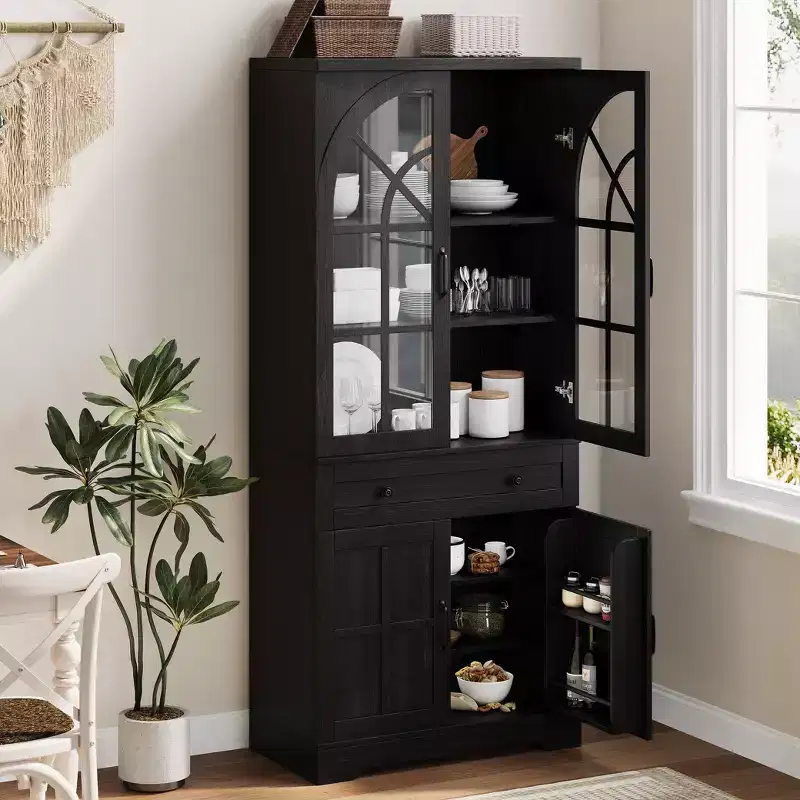 71.9 Tall Farmhouse Pantry Cabinet with Tempered Glass Doors, Freestanding Design & Anti-Tip Features for Kitchen, Dining Room