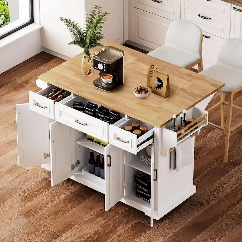 54  Large Kitchen Island with Rubber Wood Drop Leaf, Embossed Texture Rolling Kitchen Cart on 4 Wheels with 4 Doors & 3 Drawers