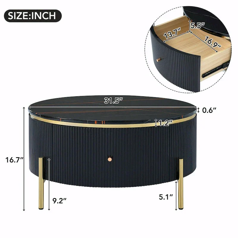 31.5 Modern Round Coffee Table with Large Drawer Storage