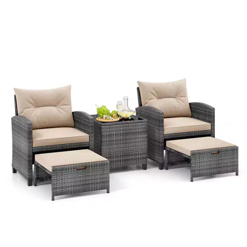 Costway 5 Piece Patio Rattan Furniture with 2 Ottomans & Tempered Glass Coffee Table Black/Grey/Navy/Beige/Red