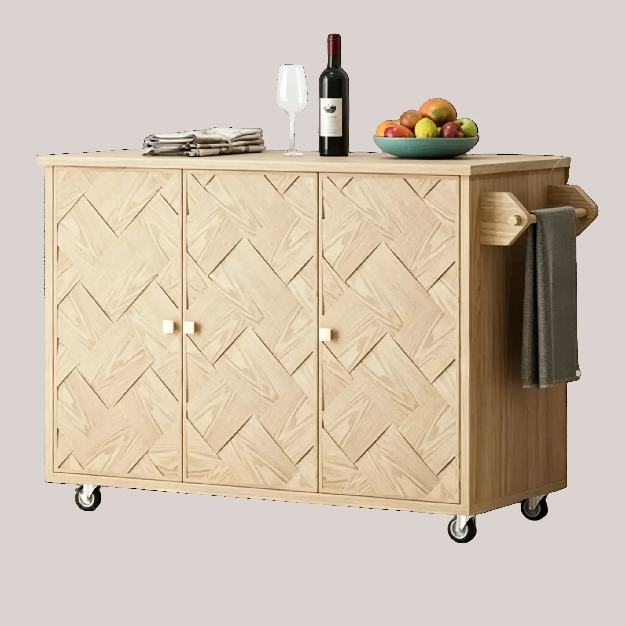ASH Veneer Handwoven Rolling Kitchen Island with Drop Leaf, Coastal Style with Internal Storage Rack