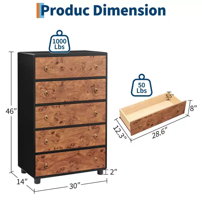 5-Drawer Dresser with Curved Profile, 46 in Tall Modern Chest with Natural Oak Texture