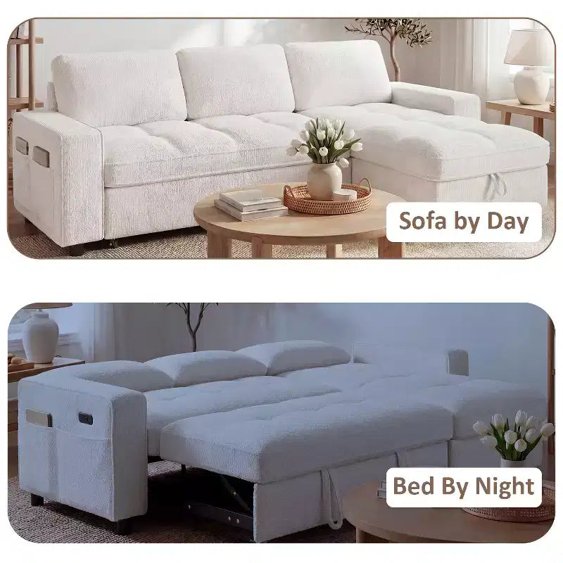 Sleeper Sofa Bed, 81 L-Shaped Pull Out Couch Bed with Reversible Storage Chaise/USB Port/Side Pocket/Tool-Free Assembly Corduroy Beige