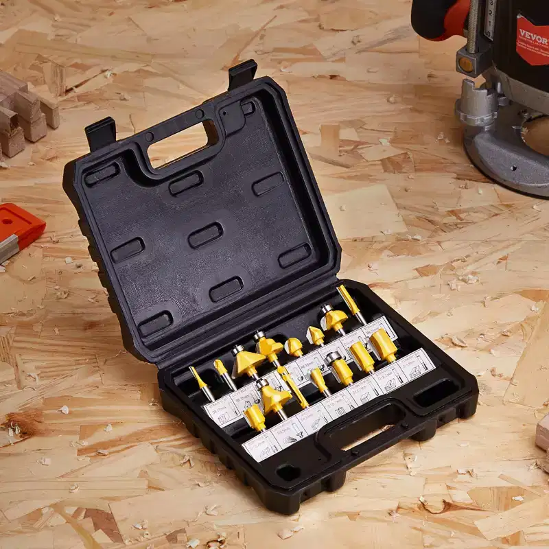 VEVOR Router Bits Set, 15 Pieces, Carbide Router Bit Kit with 1/4 Inch Shank, Plastic Carrying Case, for Professional and Beginners Carpenter,Black
