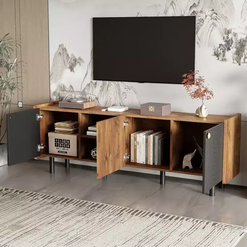 Vintage TV Stand with Cabinets for 70 inch TV, Mid Century TV Storage Cabinet Table with Doors for Living Room