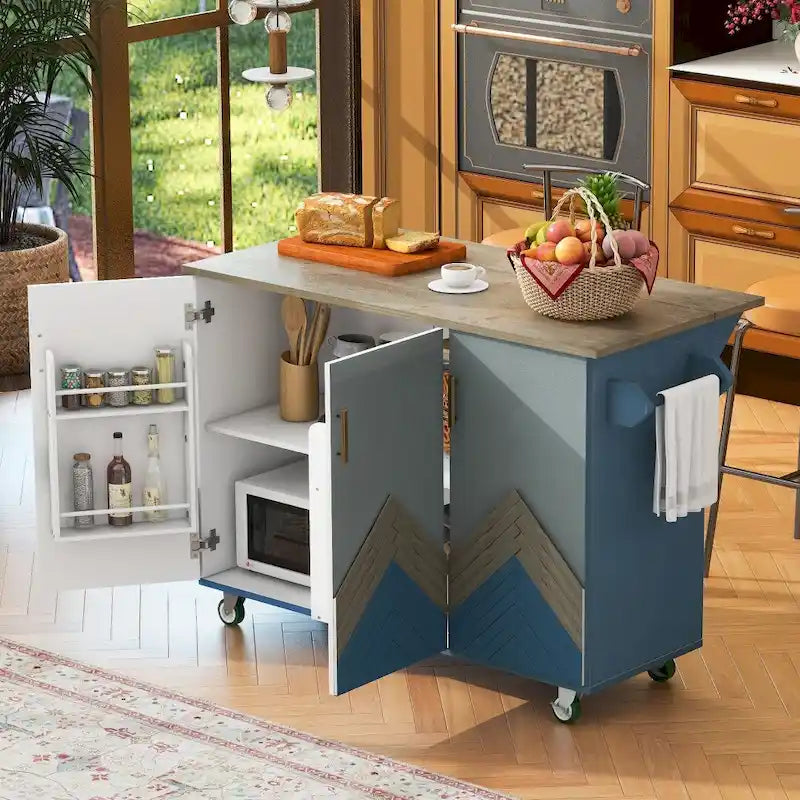 Farmhouse Rolling Kitchen Island with Drop-Leaf Oak Top Internal Storage Racks and Towel Rack