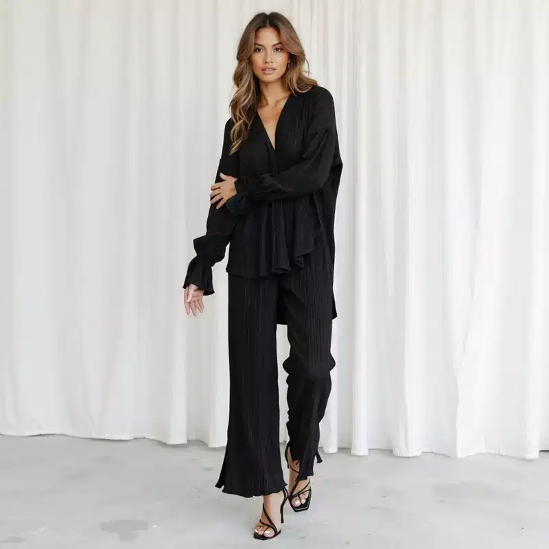 Knit & Lounge Womens Pleated Collared Button-Down Top with Long Sleeves and Wide-Leg Slit Pants Set