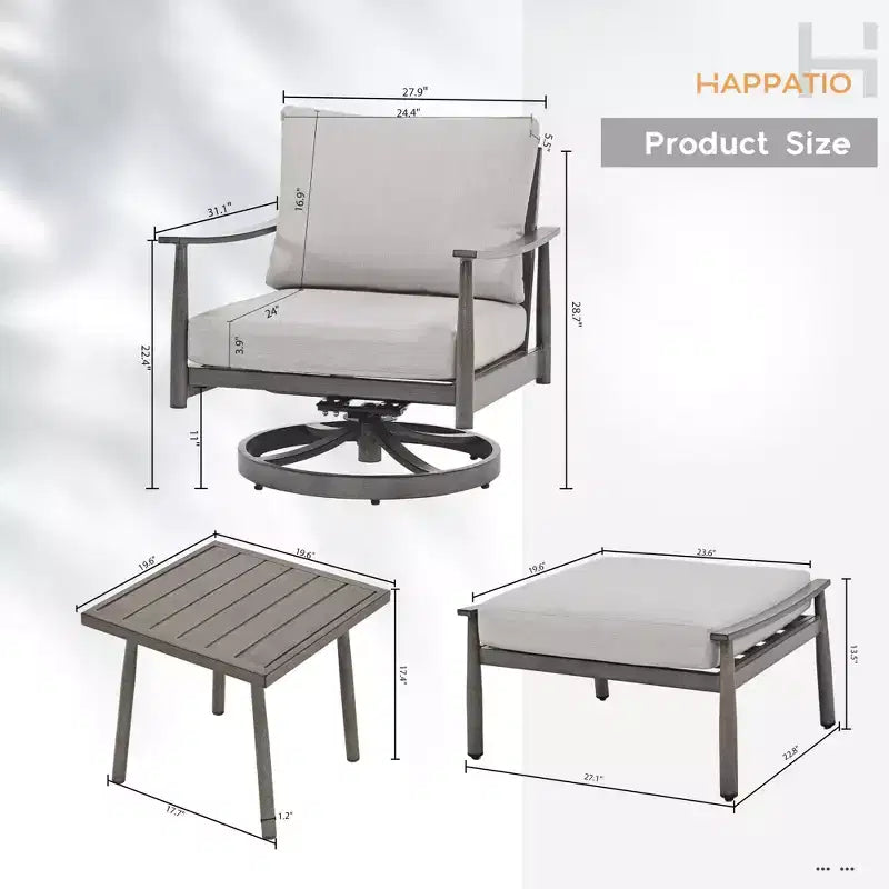 HAPPATIO Aluminum Outdoor Furniture Set,5 Pieces Patio Furniture Set, 1 Side Table, 2 Swivel Chairs and Ottomans with Cushion for Yard Deck Poolside