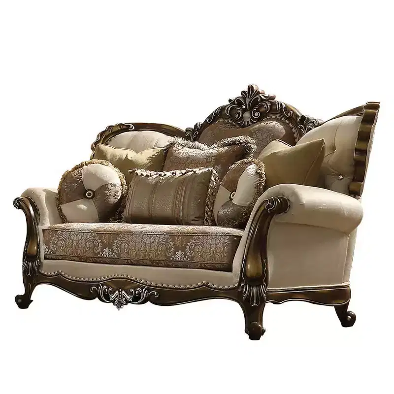 74" Latisha Sofa Tan, Pattern Fabric and Antique Oak Finish - Acme Furniture: Traditional Upholstered Loveseat, Tufted Design