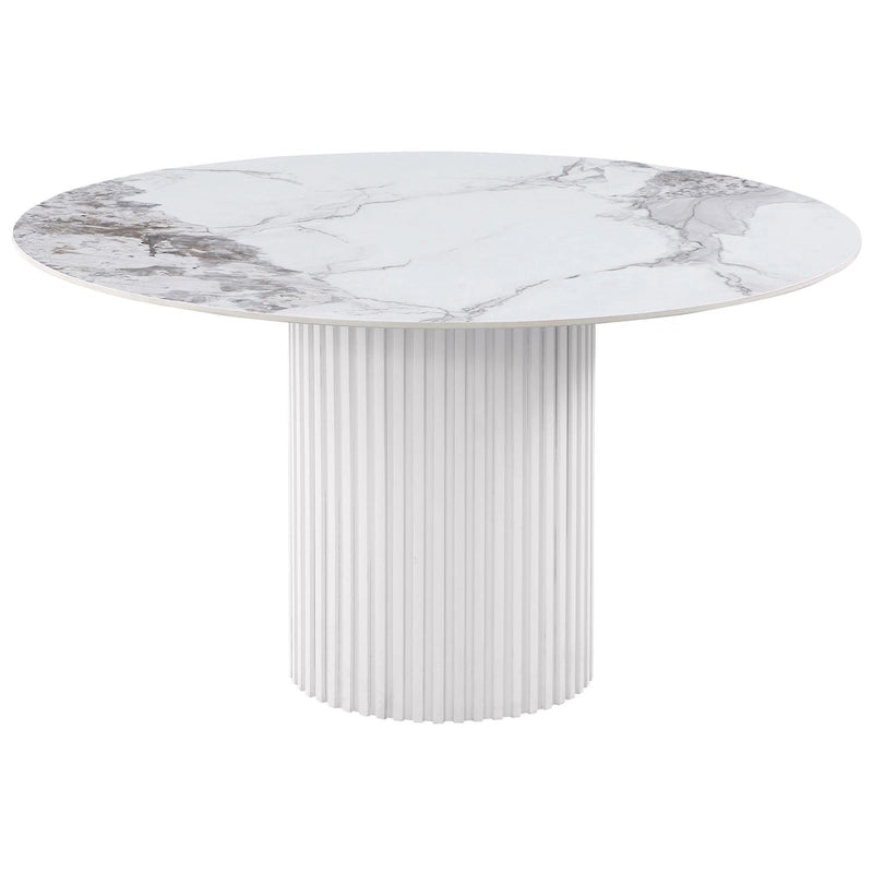 Round Dining Table with Reeded Base, White Sintered Stone, 53 Inch