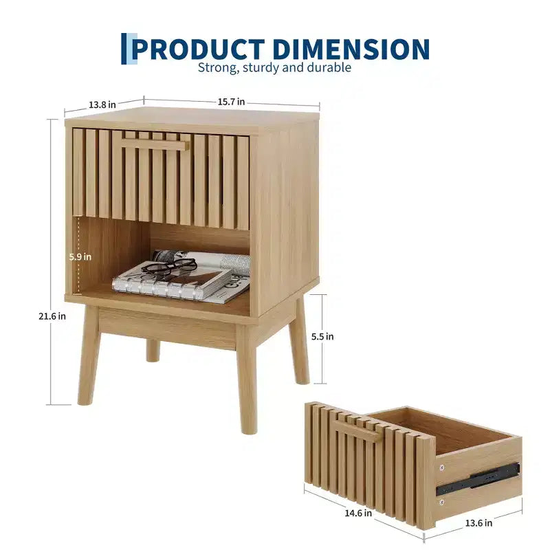 Boho Nightstand with Drawer & Open Shelf �C Compact Wood Bedside Table, Natural Oak