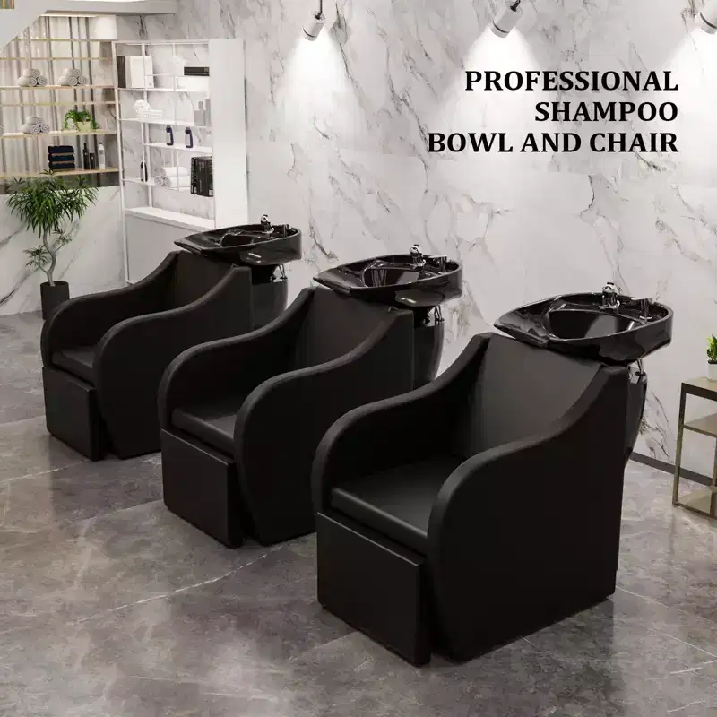 Electric Shampoo Bowl & Chair Backwash Unit with Reclining Legrest and Tilting Porcelain Sink