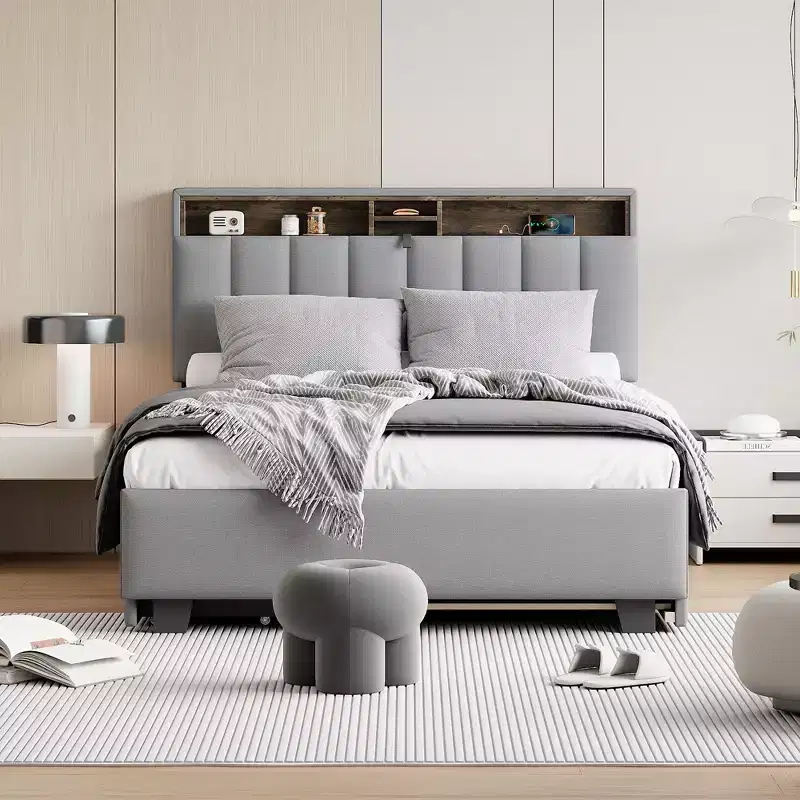 Okak Full/Queen Platform Bed Frame with Upholstered & Trundle Storage Headboard Bed with 2 Drawers Sockets USB Ports Easy Assembly