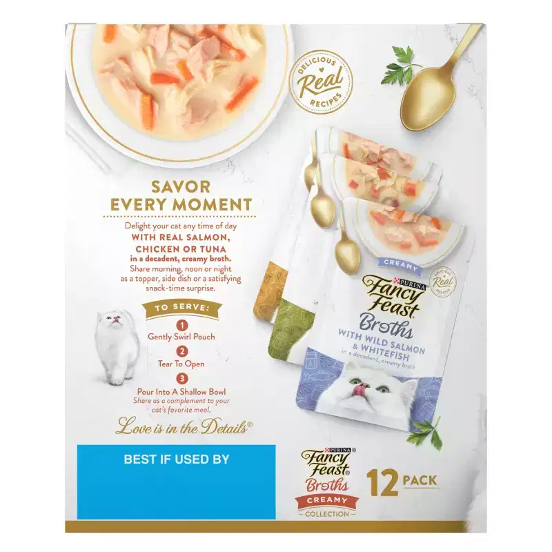 Fancy Feast Broths Creamy Vegetable, Chicken, Tuna, Salmon, Shrimp and Seafood Collection Wet Cat Food Complement - 1.4oz/12ct