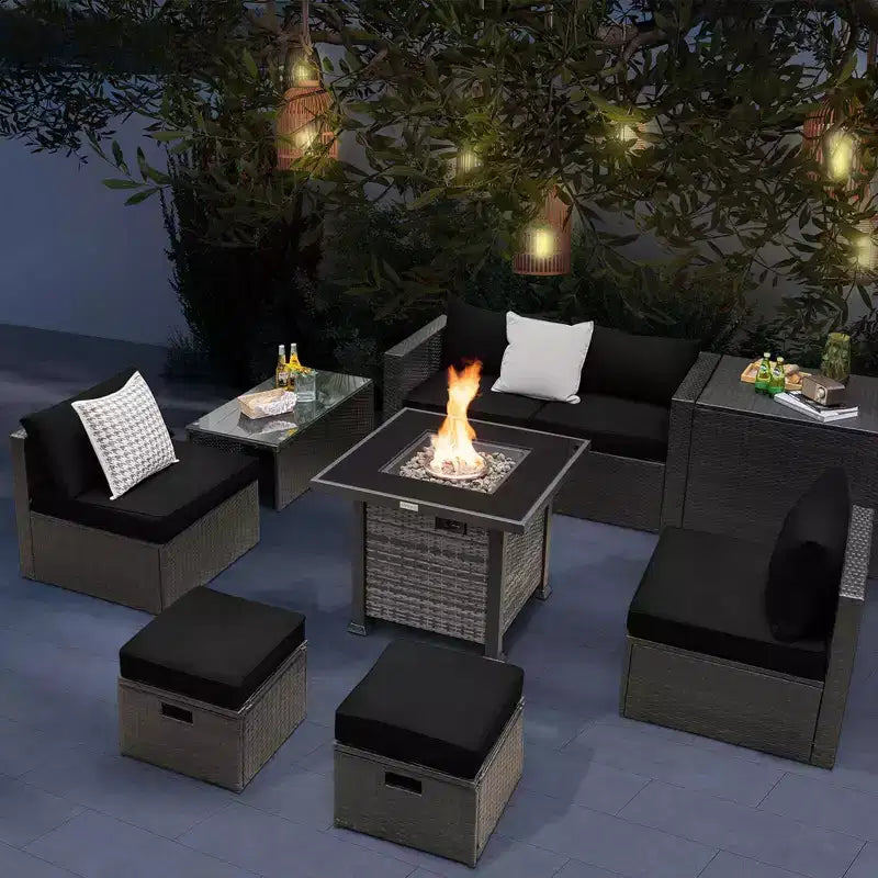 Costway 9 Pieces Patio Furniture Set with 50,000 BTU Propane Fire Pit Table Black/Gray/Navy/Red/White/Turquoise