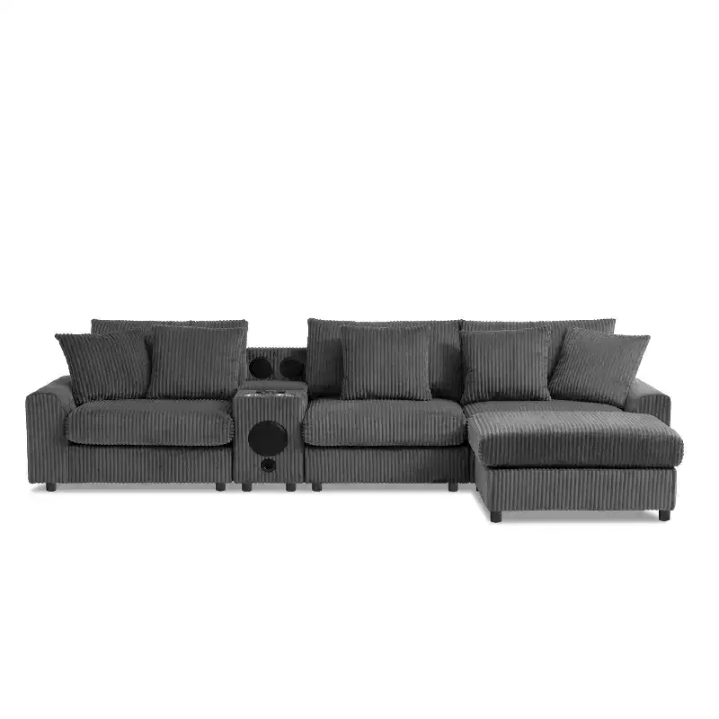 114''W Corduroy L-Shaped Sectional Sofa with Bluetooth Speakers, USB Charger, Cup Holders and Ottoman - ModernLuxe