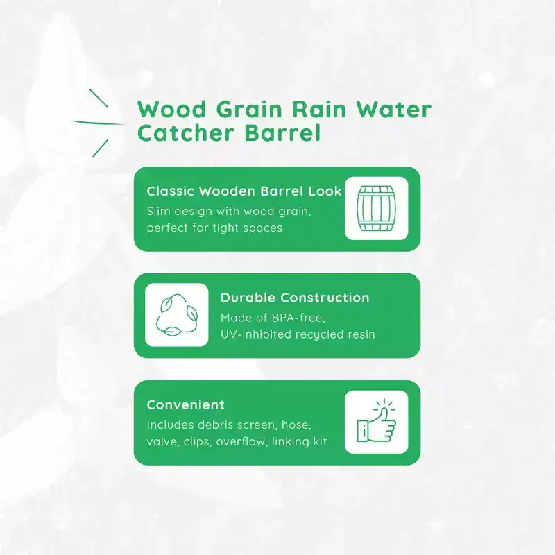 FCMP Outdoor WG4000-GRY Wood Grain Rain Barrel with Flat Back for Environmentally Friendly Watering of Outdoor Plants, Gardens, and Landscapes, Black