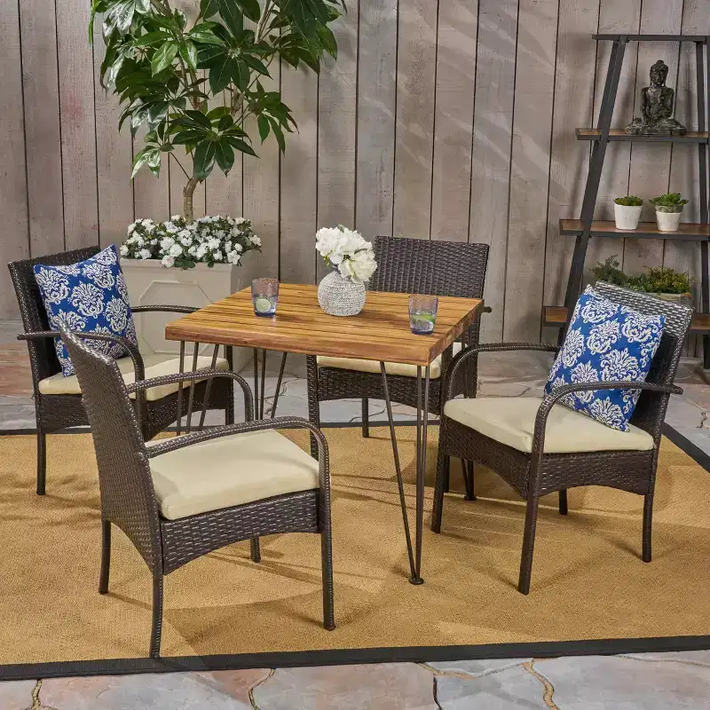 Christopher Knight Home Clayton Outdoor Acacia Wood and Wicker 5 Piece Dining Set with Cushion, Teak/Multibrown