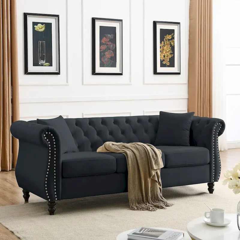 3-Seater Upholstered Tufted Sofa with Rolled Arms and Nailhead