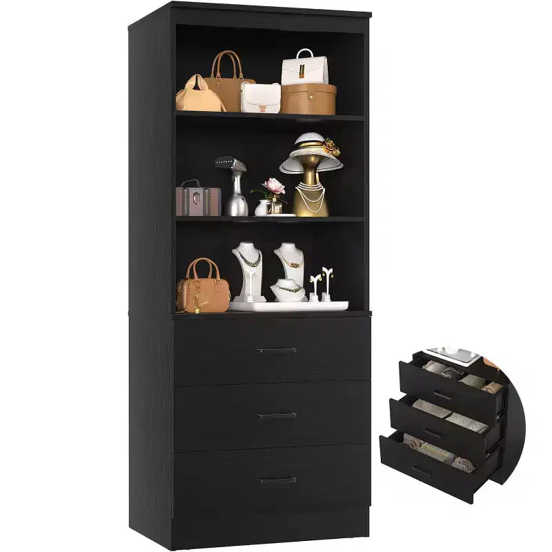 71-Inch Tall Bookshelf with 3 Drawers and Open Shelves