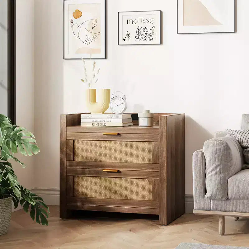 Night Stand Set of 2, Modern Nightstand, Bedside Tables with 2 PE Rattan Drawers, Rattan Nightstands for Bedroom Living Room