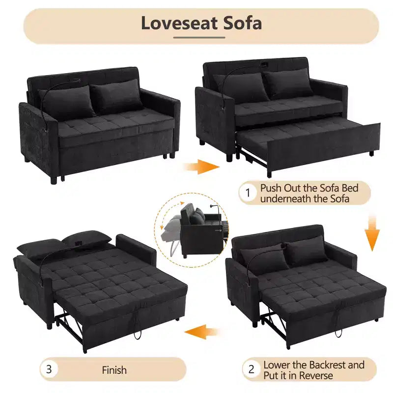 Bestier 56.9 Convertible Sleeper Sofa Bed, Upholstered Pull Out Sofa with USB and Adjustable Backrest, Foldable Couch Bed for Living Room-Black