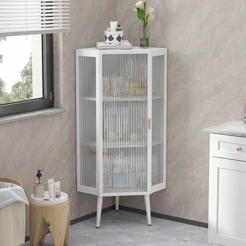 Floor Corner Cabinet, 3 Tiers with Tempered Glass Doors and Storage Shelves
