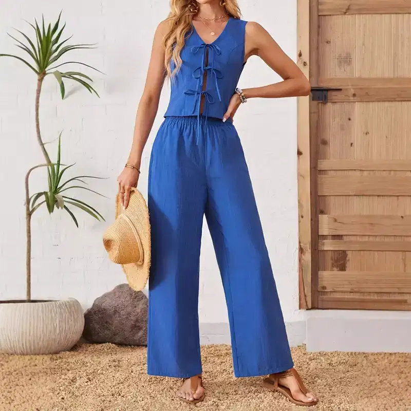 Women Two Piece SetsOutfits Lounge Sets Cap Sleeve Tops Wide Leg Crop Pants Vacation Travel Outfits