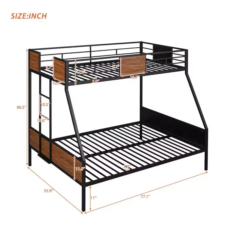 Twin over Full Metal Bunk Bed with Wood Grain, Metal Bunkbeds Frame with Safety Rail for Kids Adults, Brown