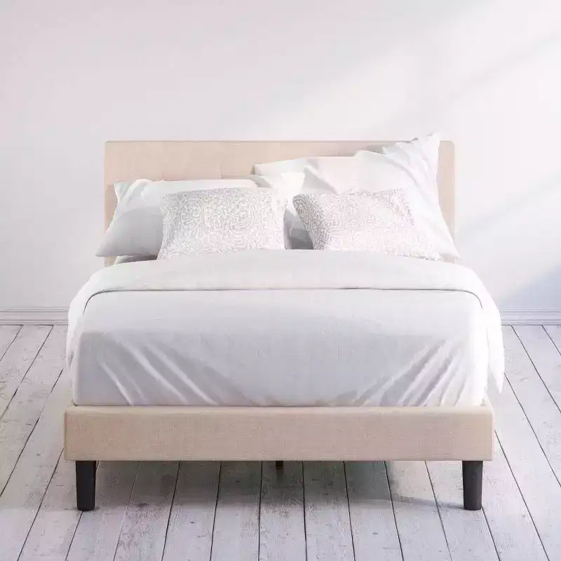 King Upholstered Platform Bed Frame, Light Brown, Steel Frame, No Box Spring Needed
