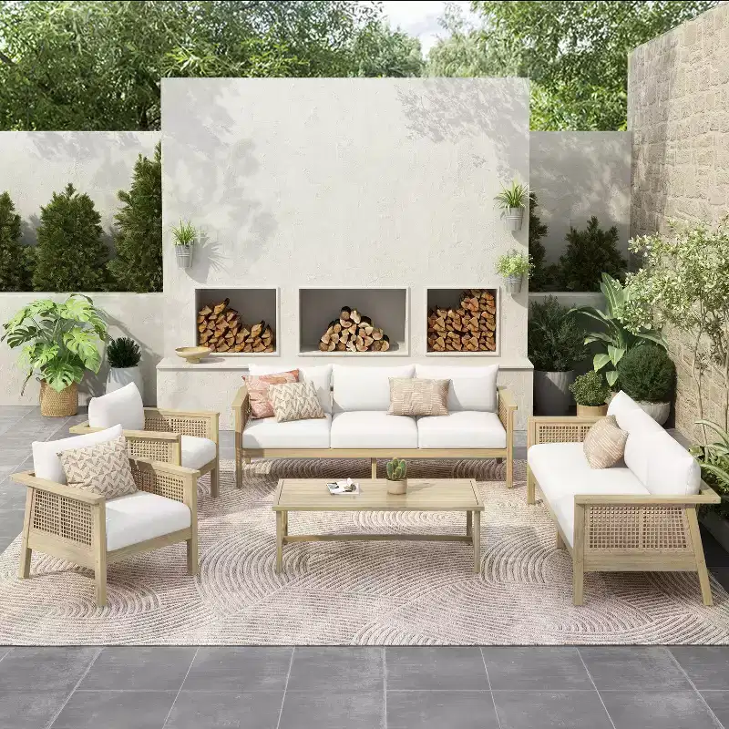 Christopher Knight Home Sejin Farmhouse 5 Piece Patio Acacia Wood Seating Set with Slatted Table and PE Wicker
