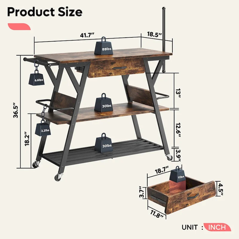 41.7 inch Wide Rolling Kitchen Island with Drawer