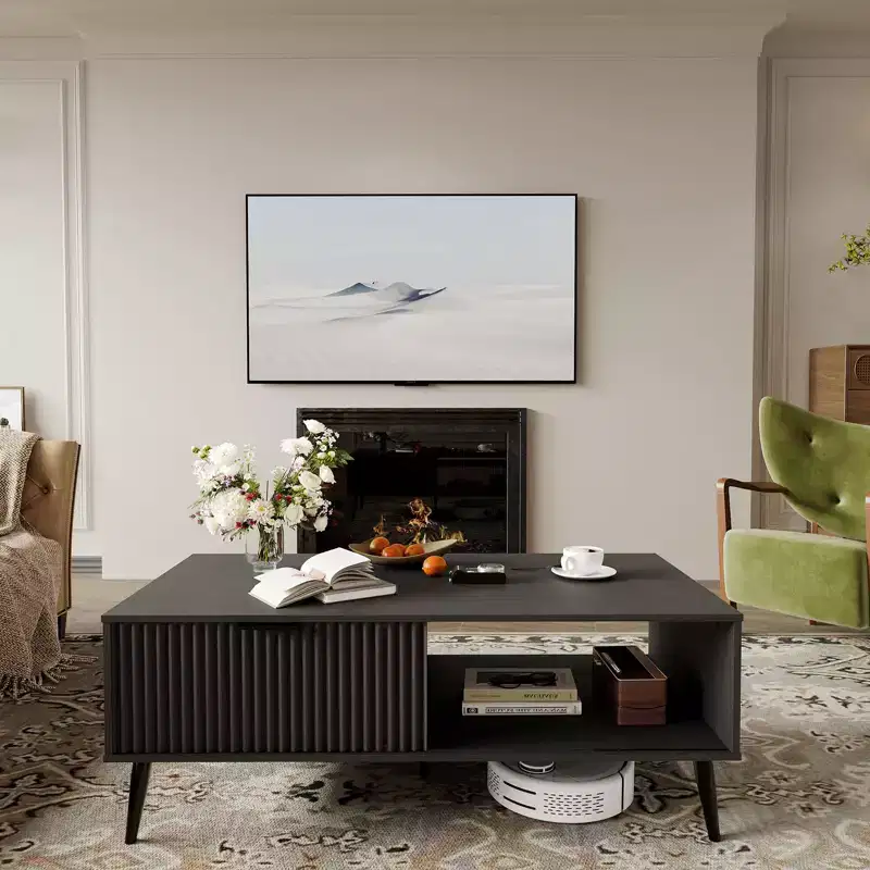 Farmhouse Center TableFluted Sliding Door & Wooden Tabletop, for Home Apartment Office