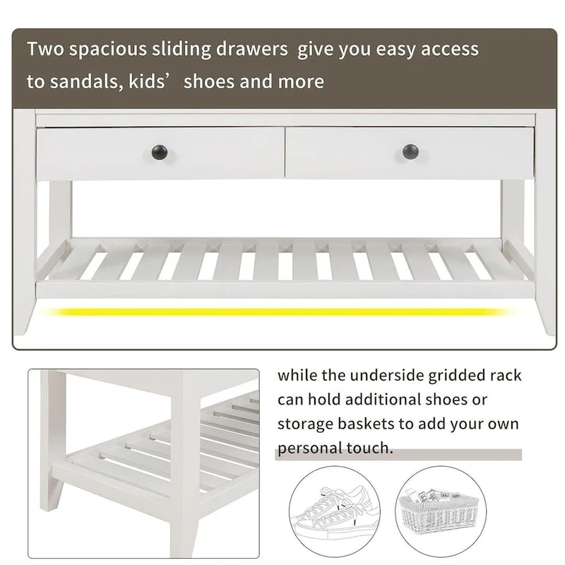 Wooden Storage Bench with Shoe Rack and Drawers