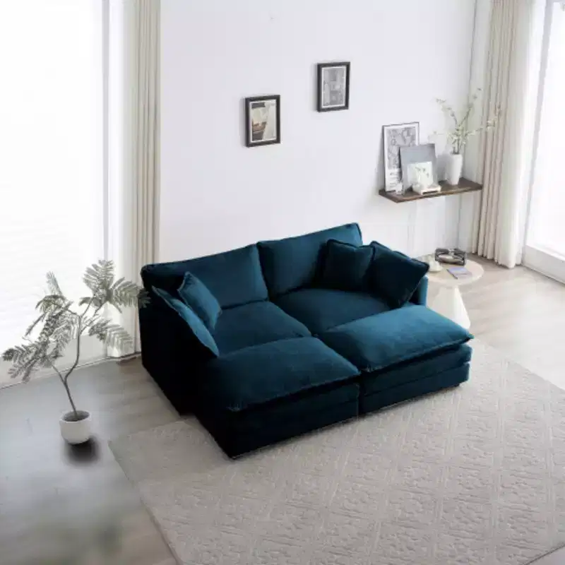 Upholstered 2-Seater Sofa and 2 Ottoman Pieces, Loveseat Lounge