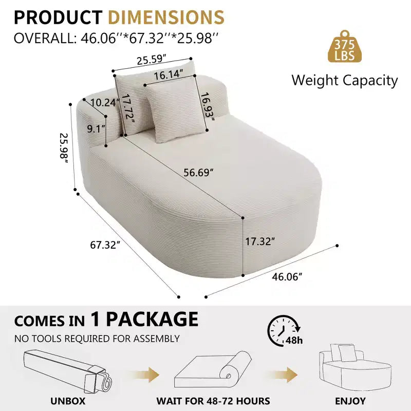67.5 Corduroy Chaise Lounge Chair, Wide Seat, Deep Seating King Chair with 2 Pillows, Convertible Frameless Sofa Bed for Living Room