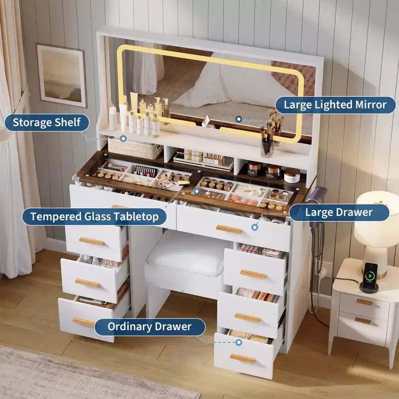Modern Vanity Desk with Mirror, 8 Drawers 3 Shelves Glass Top Makeup Table for Bedroom, White Rustic