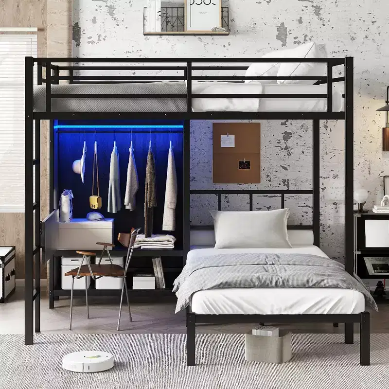 Bellemave Full XL Over Twin Metal Bunk Bed with Folding Desk, Closet with LED ,Space-Saving/Noise Reduced, Black