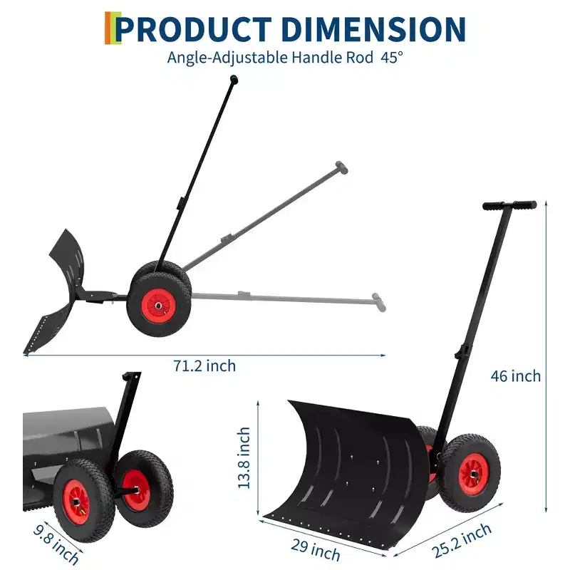 Snow Pusher Shovel with Wheels, Metal Back Saver Snow Plow for Doorway & Sidewalk, Snow Pusher with Snow Removal Adjustable Angle & Height Handle