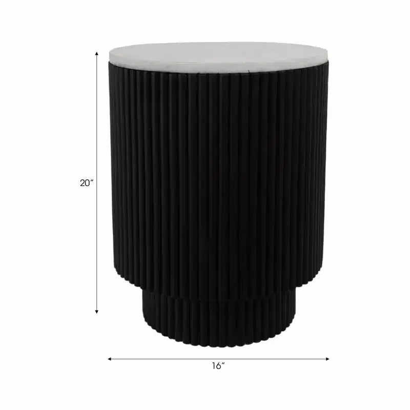 Side Table with Fluted Black Base and White Marble Top - Modern Accent Piece for Small Spaces and Home Decor