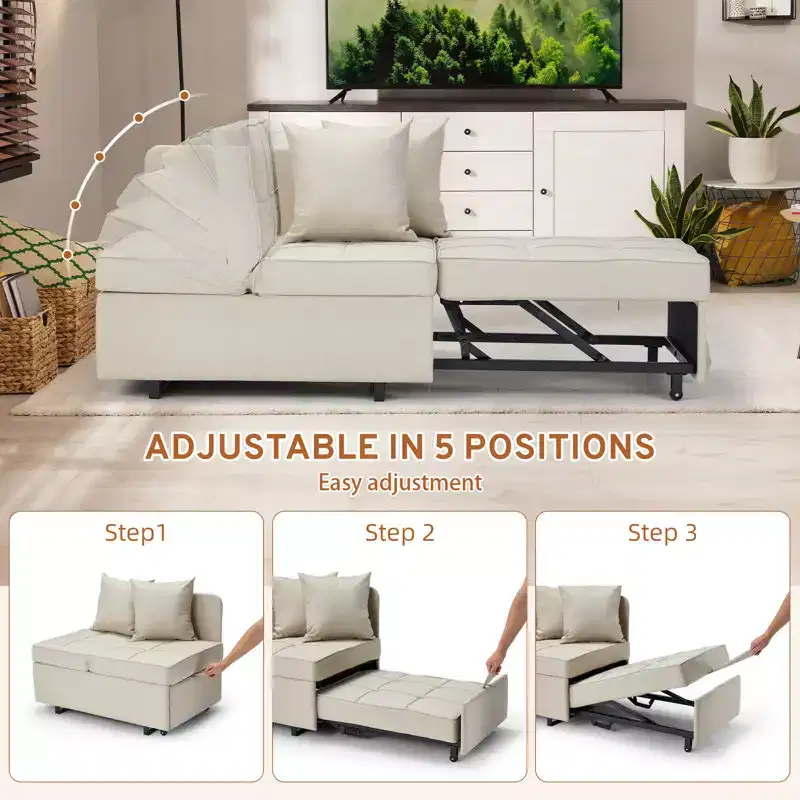 Erommy 3-in-1 Sleeper Sofa Chair Bed , 5-position Adjustable Backrest Pull Out Sofa Bed with Faux Linen Sofa Fabric
