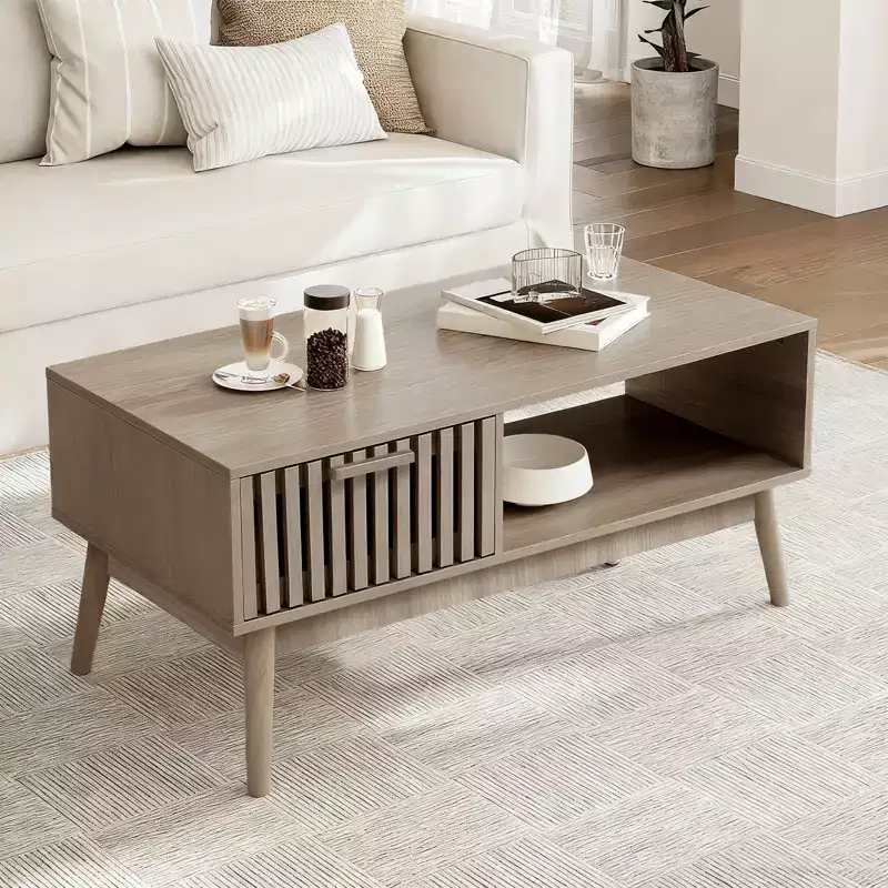 GustoWave Farmhouse Coffee Table with Storage, 39.4 Rustic Fluted Accent Table with Drawer & Open Shelf for Living Room