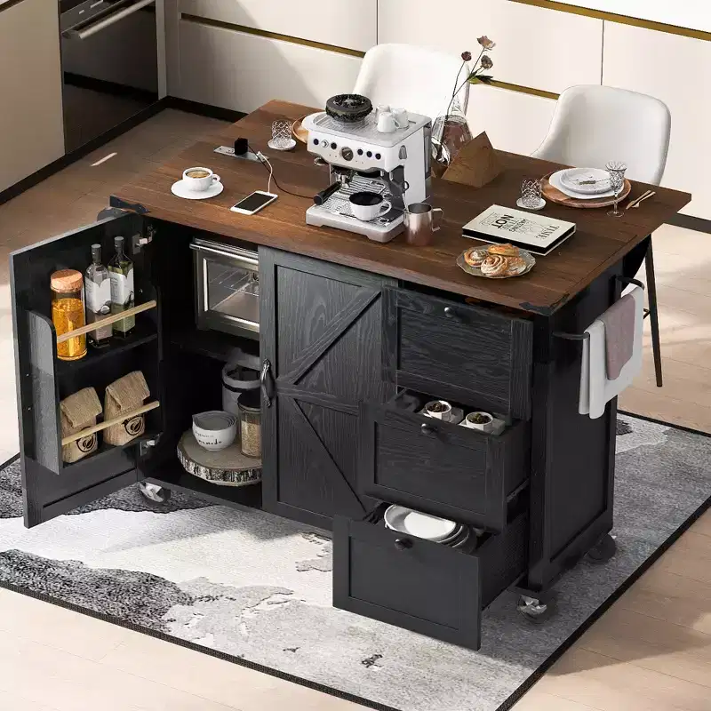 Whisen Farmhouse Style Kitchen Cart Island with Drop Leaf and Locking Wheels