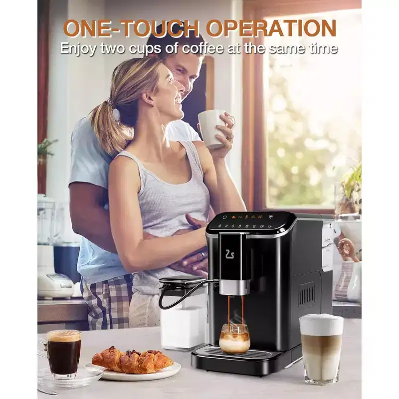 Espresso Machine, Fully Automatic Espresso Machine with Grinder & Milk Frother - 20 Bar, 1.5L Tank, Touchscreen (One-Touch Latte/Cappuccino, Black)