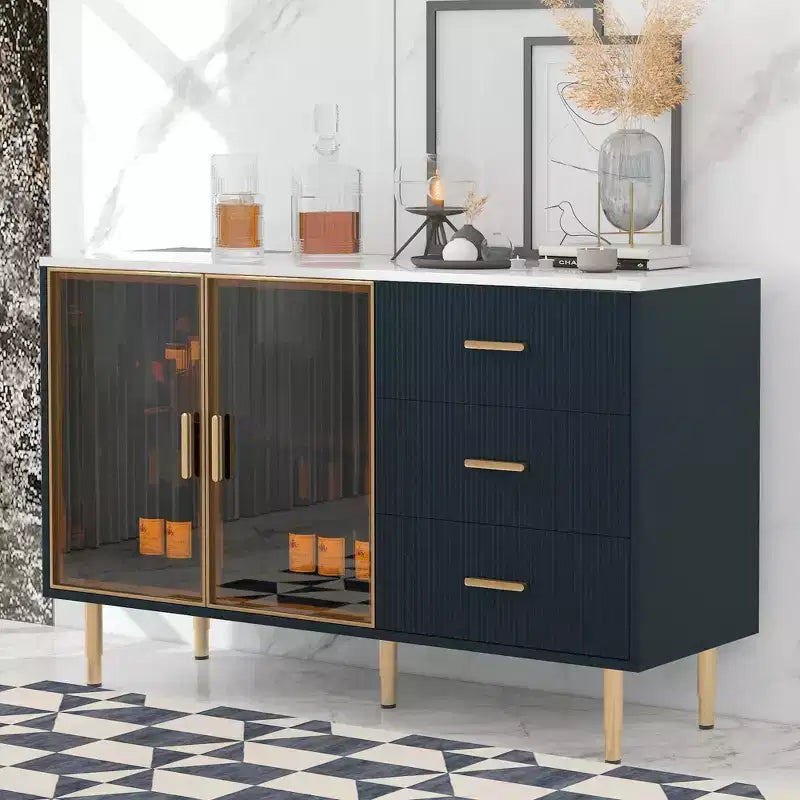 Modern Sideboard with Marble-Look Tabletop, Gold Metal Legs & Handles - 60