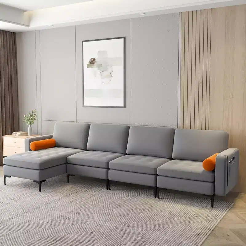 Costway Modular Extra-Large 4 Seat Sectional Sofa with Reversible Chaise & 2 USB Ports Ash Grey
