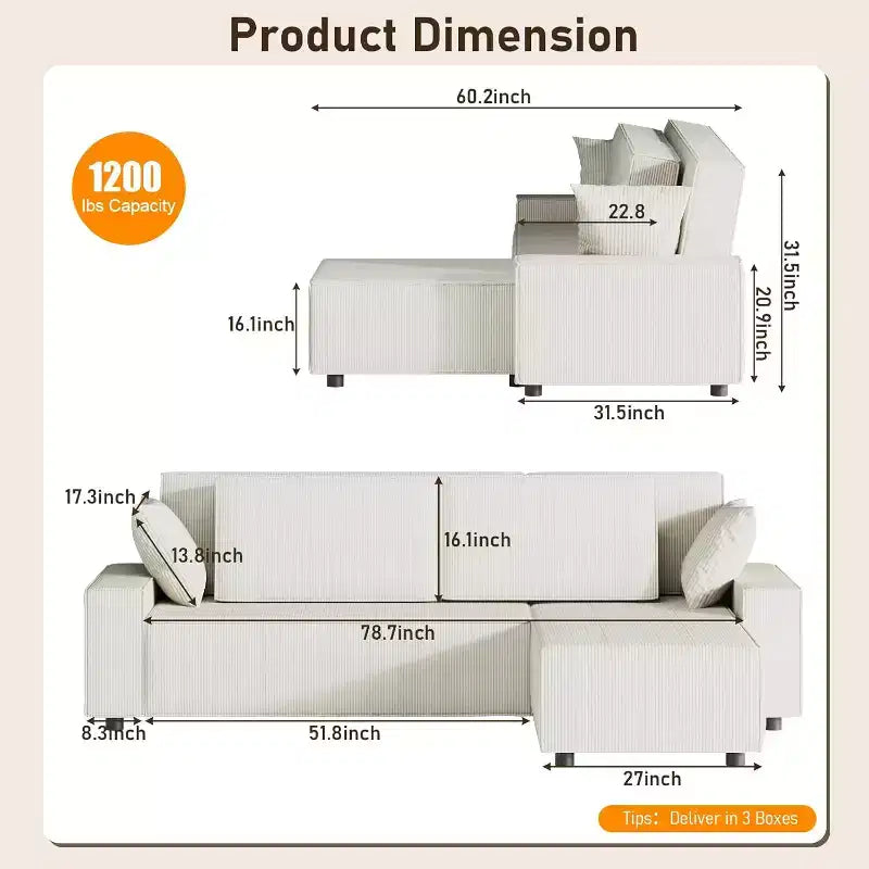 96 L-Shaped Sectional Sofa with Chaise, Modern Corduroy 3-Seater Couch, Modular Sectional Couches Sofa, Wide Arms, for Living Room, Apartment